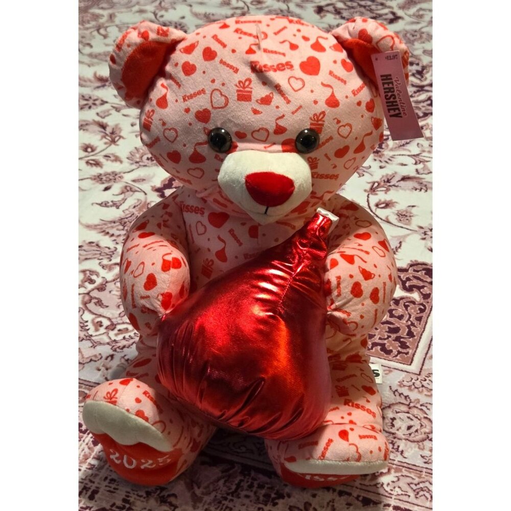 Galerie Hershey's Kisses Pink Valentine Print 17" Plush Bear + Red Kiss 2025 NWT